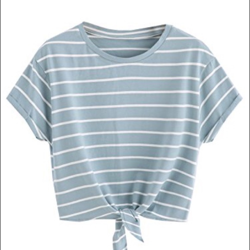 blue and white striped cropped tie front shirt